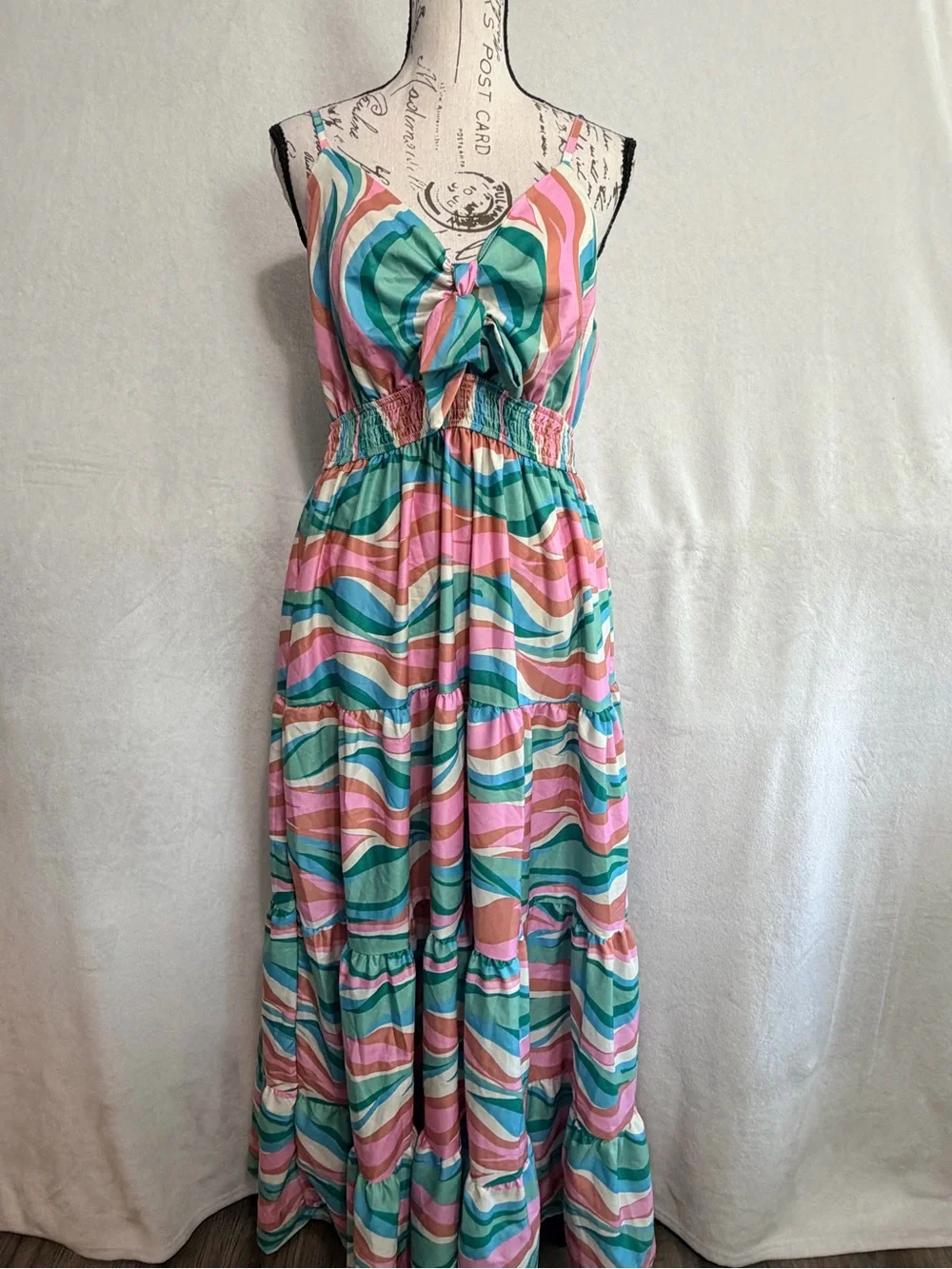Grace and Emma Boutique Wavy Stripe Pink & Teal Maxi Dress with Front Tie - Picture 4 of 10